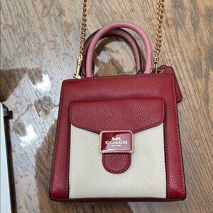 Coach Mini Satchel in Red, Cream & Pink with Gold Chain